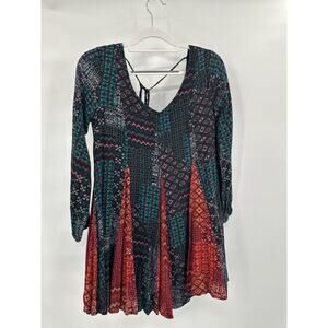 Boho Festival Mini Dress Small Magnolia South Patchwork‎ Vacation Deep V